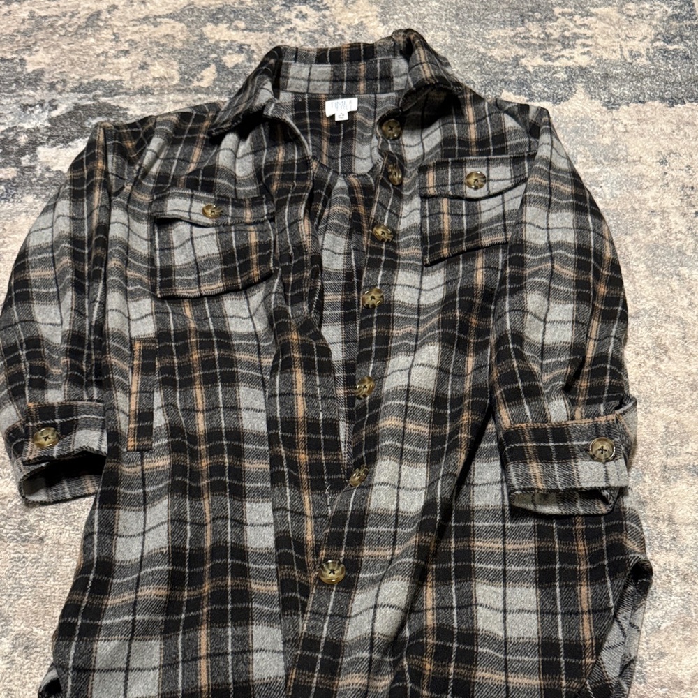 Time and Tru Women's Plaid Shacket - Black and Gray